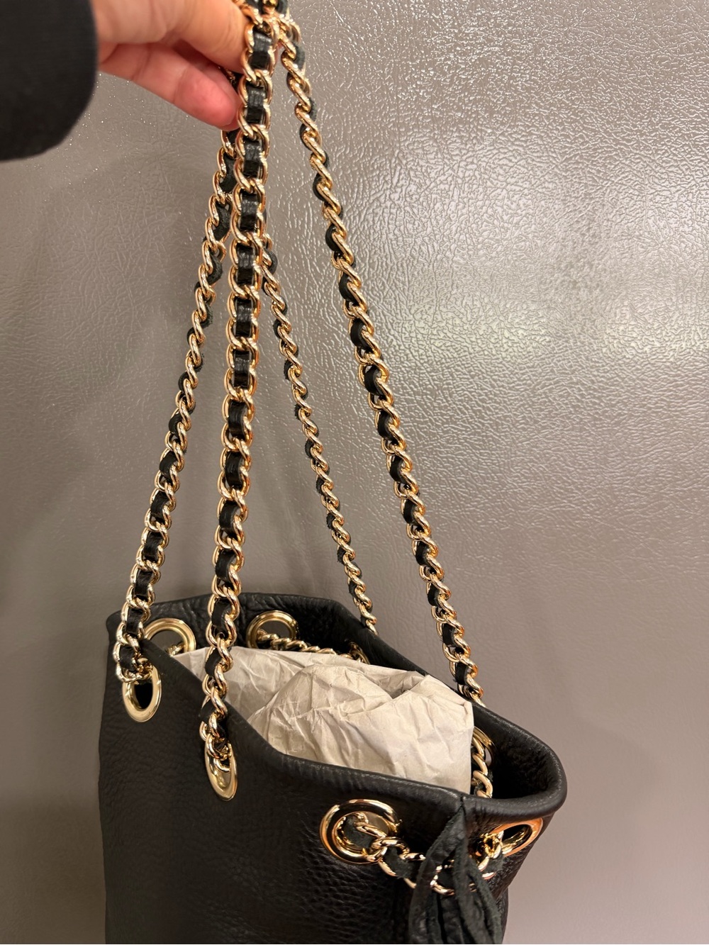 Rebecca Minkoff Black Leather Fringe Bucket Bag with Gold Chain - Picture 5 of 14